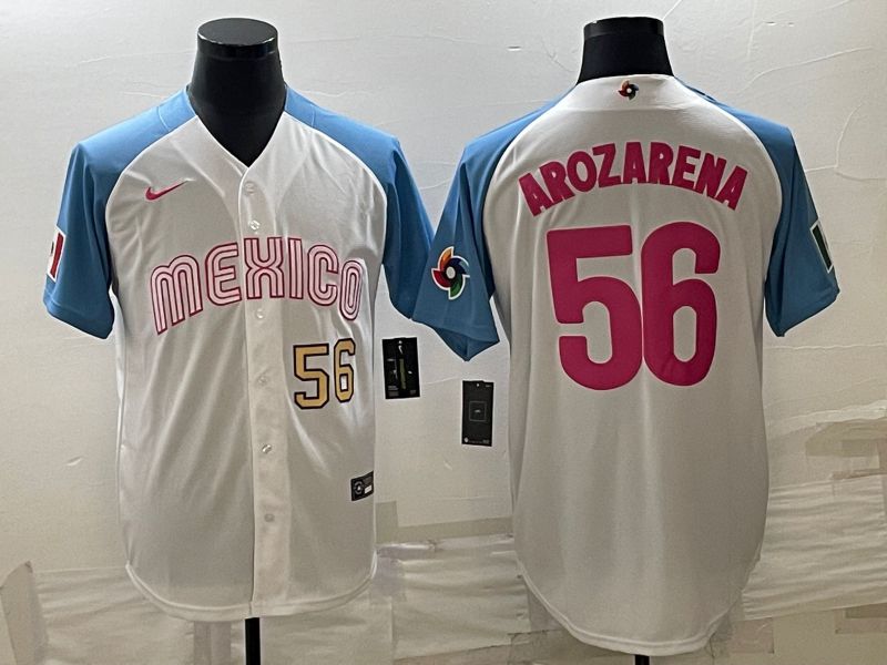 Men 2023 World Cub Mexico #56 Arozarena White blue Nike MLB Jersey6